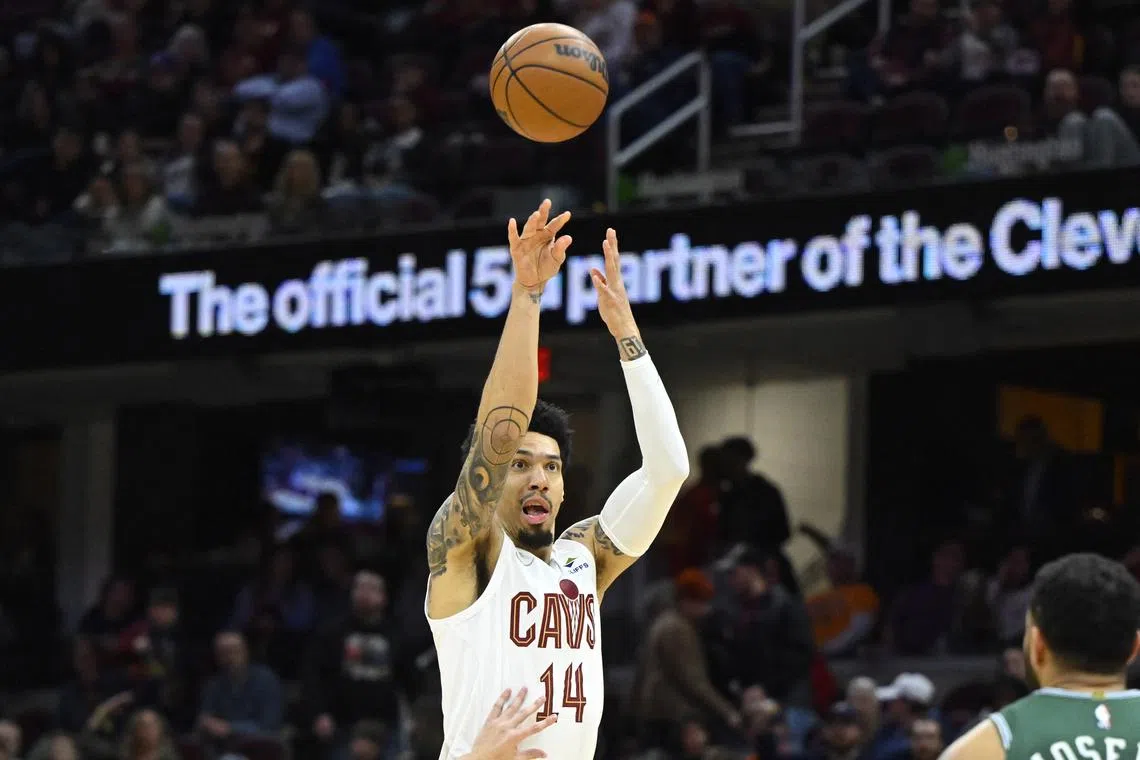 FILE PHOTO: Mar 4, 2023; Cleveland, Ohio, USA; Cleveland Cavaliers forward Danny Green (14) shoots in the fourth quarter against the Detroit Pistons at Rocket Mortgage FieldHouse. Mandatory Credit: David Richard-USA TODAY Sports/File Photo