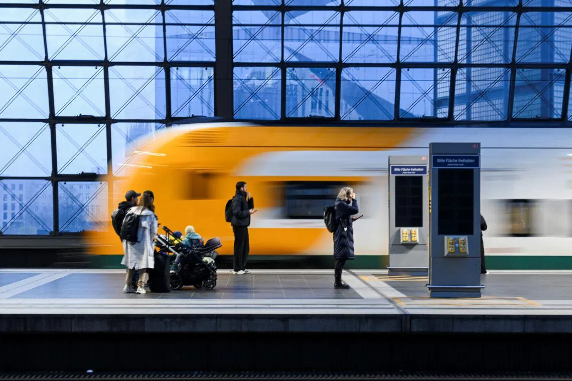 An ODEG train arrives at the main train station during a nationwide strike called by Germany's train drivers union GDL over wage increases, in Berlin, Germany, March 7, 2024. REUTERS/Annegret Hilse