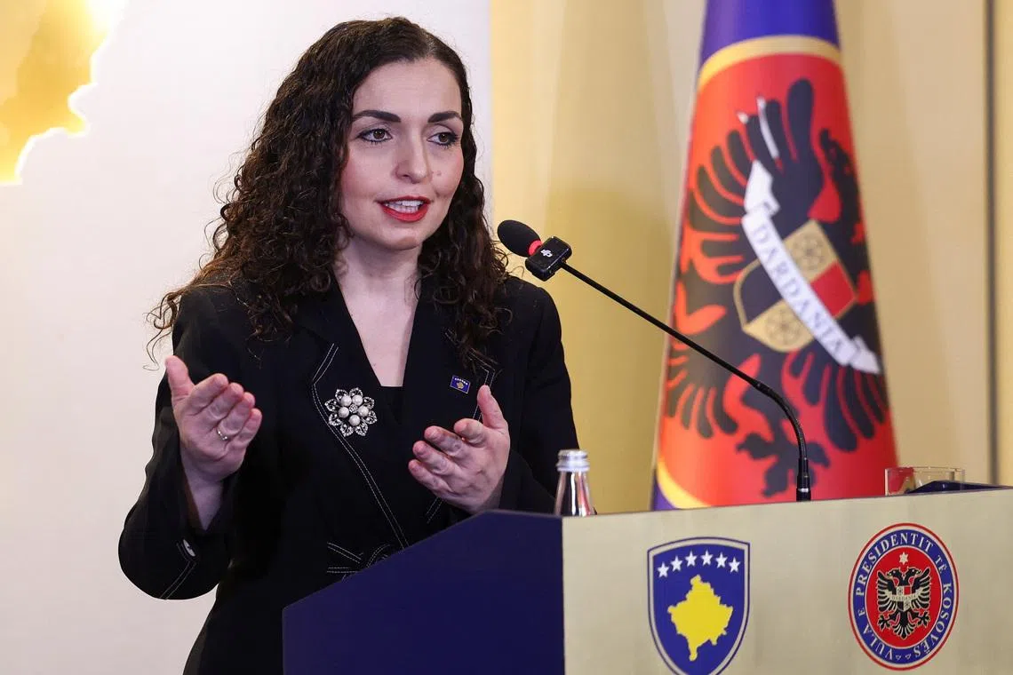 President of the Republic of Kosovo Vjosa Osmani speaks during a press conference to dissolve the parliament a day after lawmakers failed to elect a new head ​of state within the constitutional ​deadline, in Pristina, Kosovo March 6, 2026. REUTERS/Valdrin Xhemaj
