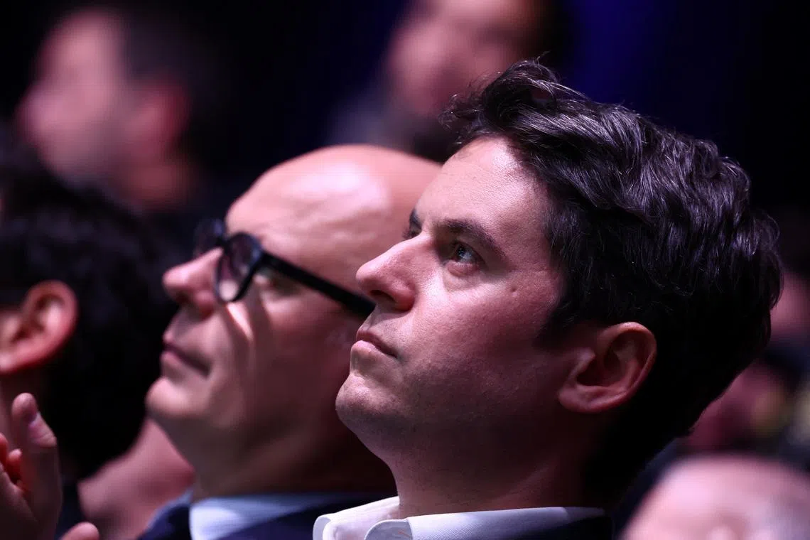 French Prime Minister Gabriel Attal and former Prime Minister Edouard Philippe attend a political rally named \"Besoin d'Europe\" to launch the campaign of the French presidential majority for the European elections in Lille, France, March 9, 2024. REUTERS/Stephanie Lecocq