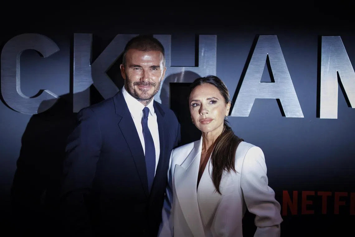 British former soccer player David Beckham (L) and his wife, British fashion designer Victoria Beckham attend the premiere of Beckham at the Curzon Mayfair, London, Britain, on Oct 3, 2023. The four-part documentary series launches on Netflix on 04 October 2023. 