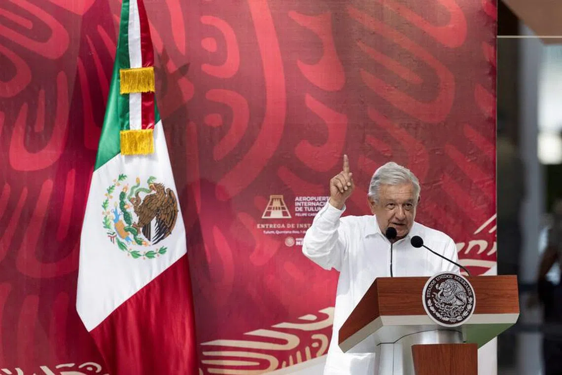 Mexico's President Andres Manuel Lopez Obrador delivers a speech as he marks the 5th year of his presidential term, at the Felipe Carrillo Puerto International Airport, in Tulum, Mexico, December 1, 2023. REUTERS/Quetzalli Nicte-Ha/File Photo