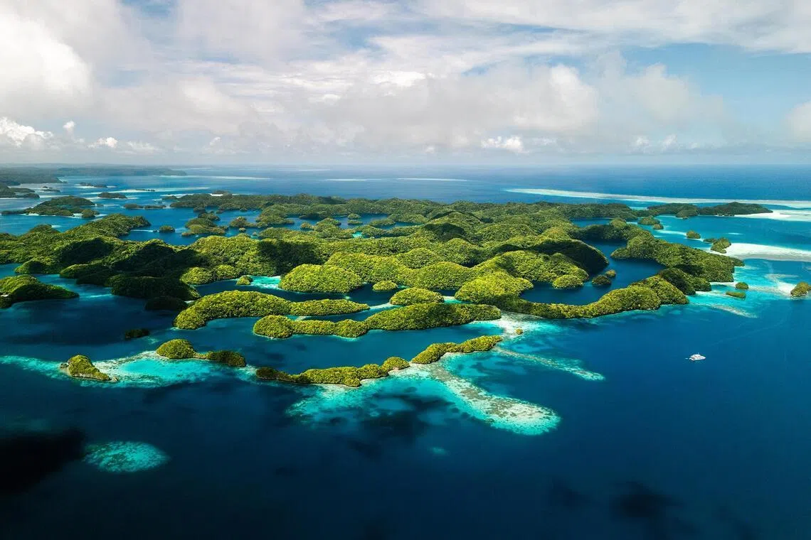 An aerial view of the Rock Islands in the Palau archipelago, which comprises around 340 coral and volcanic islands.