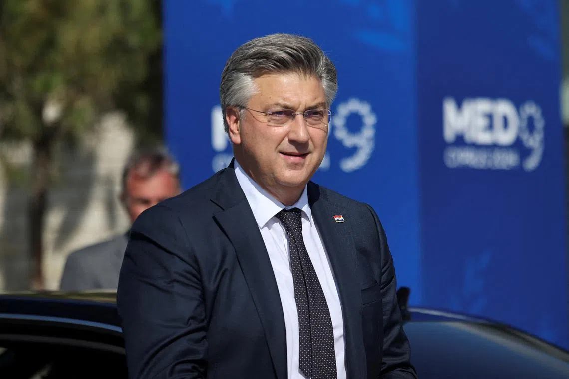 FILE PHOTO: Croatia's Prime Minister Andrej Plenkovic looks on on the day he attends the 11th Summit of the Southern EU Countries (MED9), in Pafos, Cyprus October 11, 2024. REUTERS/Yiannis Kourtoglou/File Photo
