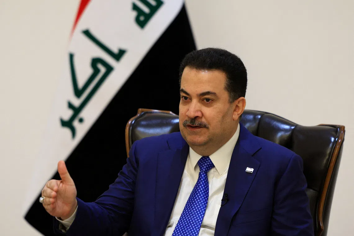 Iraqi Prime Minister Mohammed Shia al-Sudani speaks during an interview with Reuters in Baghdad, Iraq November 3, 2025. REUTERS/Thaier Al-Sudani