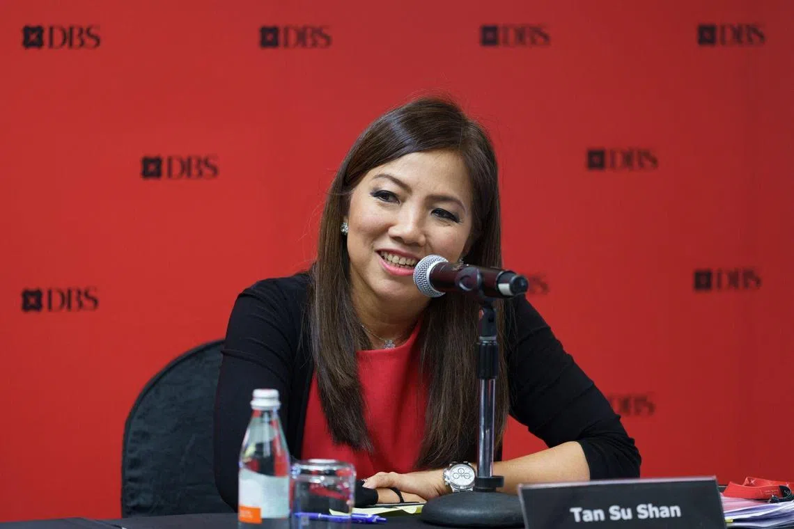 Tan Su Shan, deputy chief executive officer and managing director of institutional banking at DBS Group Holdings Ltd., speaks during a news conference in Singapore, on Wednesday, Aug. 7, 2024. DBS picked Tan Su Shan as deputy to Chief Executive Officer Piyush Gupta, setting the stage for her to eventually become the first woman to lead Southeast Asia's largest bank. Photographer: Ore Huiying/Bloomberg