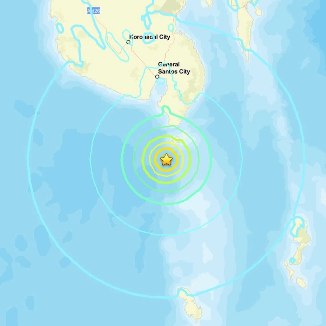 The quake, which hit 32km southwest of the small island of Sarangani at 12.14pm, did not trigger a tsunami warning.