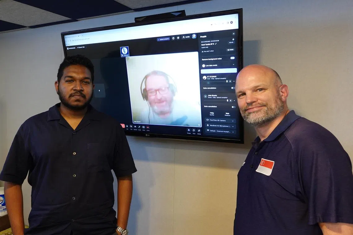 (From left) Sports reporter Deepanraj Ganesan, sports columnist John Brewin and sport business group leader for Deloitte Asia-Pacific James Walton, in the podcast studio.