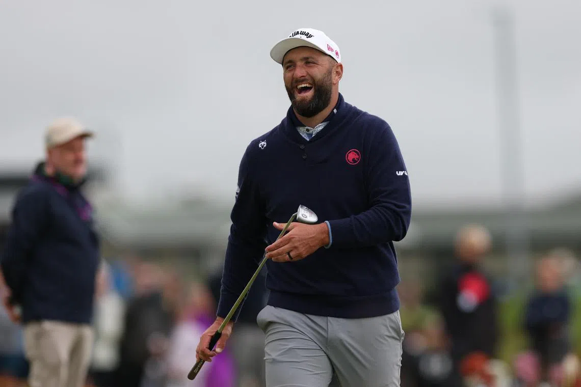 Spain's Jon Rahm reacting during a practice round at Royal Portrush Golf Club in Northern Ireland on July 15, 2025, ahead of the Open Championship, which begins on July 17.