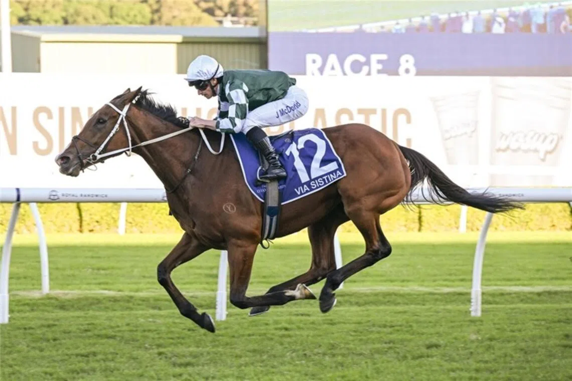 Via Sistina (James McDonald) romping home in her last start in the Group 1 Queen Elizabeth Stakes (2,000m) at Randwick in April.