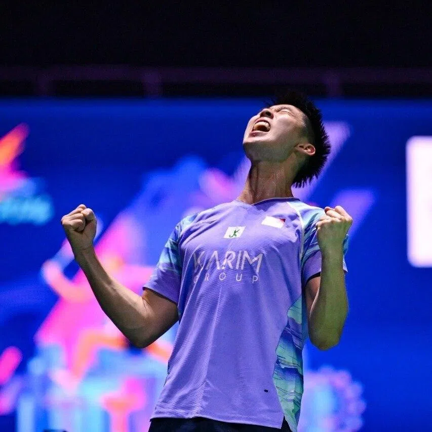 Singapore's Loh Kean Yew roaring in delight after reaching the Singapore Badminton Open final with a win over Japan's Koki Watanabe on May 30.