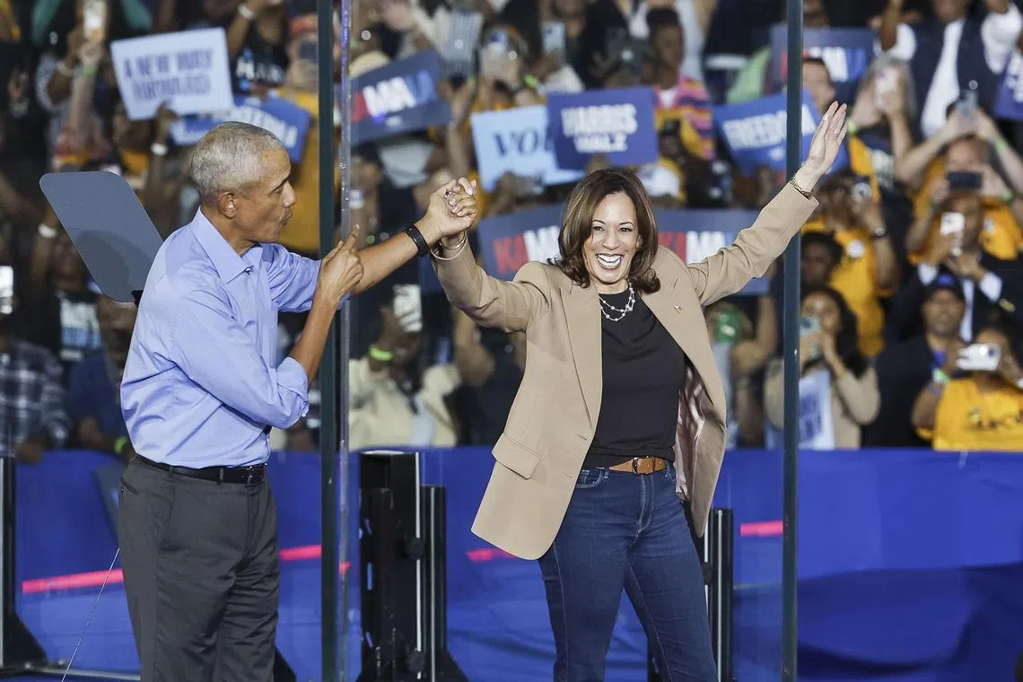 The Oct 24 rally also marks the first time Ms Harris (right) and Mr Obama (left) campaign together. 