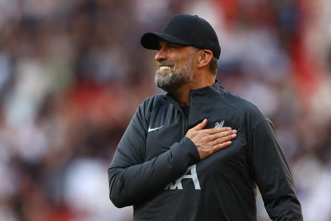 Soccer Football - Premier League - Liverpool v Tottenham Hotspur - Anfield, Liverpool, Britain - May 5, 2024
Liverpool manager Juergen Klopp celebrates after the match REUTERS/Carl Recine NO USE WITH UNAUTHORIZED AUDIO, VIDEO, DATA, FIXTURE LISTS, CLUB/LEAGUE LOGOS OR 'LIVE' SERVICES. ONLINE IN-MATCH USE LIMITED TO 45 IMAGES, NO VIDEO EMULATION. NO USE IN BETTING, GAMES OR SINGLE CLUB/LEAGUE/PLAYER PUBLICATIONS.