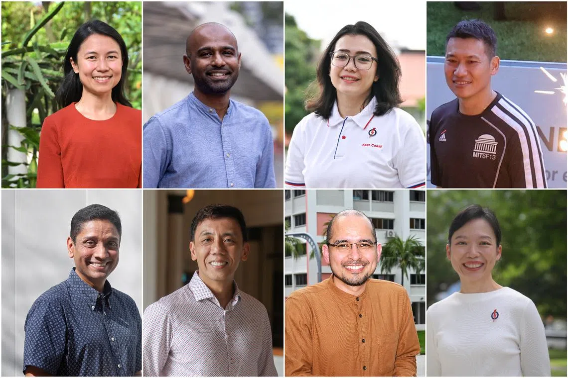 The new PAP candidates include (clockwise from top left) Ms Goh Hanyan, Dr Hamid Razak, Madam Hazlina Abdul Halim, Mr David Neo, Ms Jasmin Lau, Dr Syed Harun Alhabsyi, Mr Jeffrey Siow and Mr Dinesh Vasu Dash.