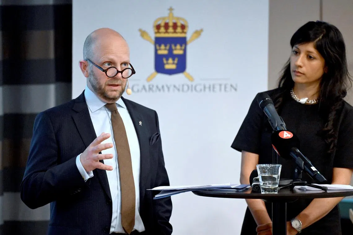 Deputy chief prosecutor Henrik Olin (left) and senior prosecutor Reena Devgun delivering a press conference on May 27 in Stockholm, Sweden, regarding the trial of accused militant Osama Krayem.