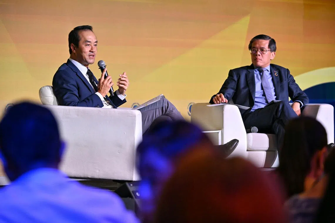 Dr Koh Poh Koon (left), Senior Minister of State, Ministry of Sustainability and the Environment, with Mr Kok Ping Soon, CEO, Singapore Business Federation, during the fireside chat at the APEX Gala Dinner & Awards Ceremony at One Farrer Hotel on Oct 4, 2024.