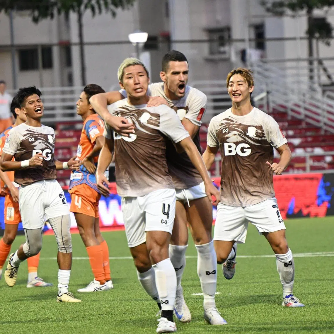 Tampines Rovers players celebrating as they beat defending champions Albirex Niigata 4-2 in the Singapore Premier League at Jurong East Stadium on July 27.