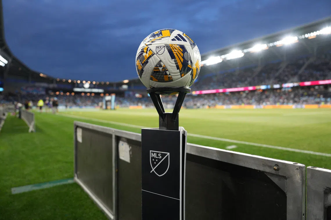 Sep 18, 2024; Saint Paul, Minnesota, USA; A Major League Soccer ball sits on a stand prior to a match between FC Cincinnati and Minnesota United at Allianz Field. Mandatory Credit: Matt Blewett-Imagn Images