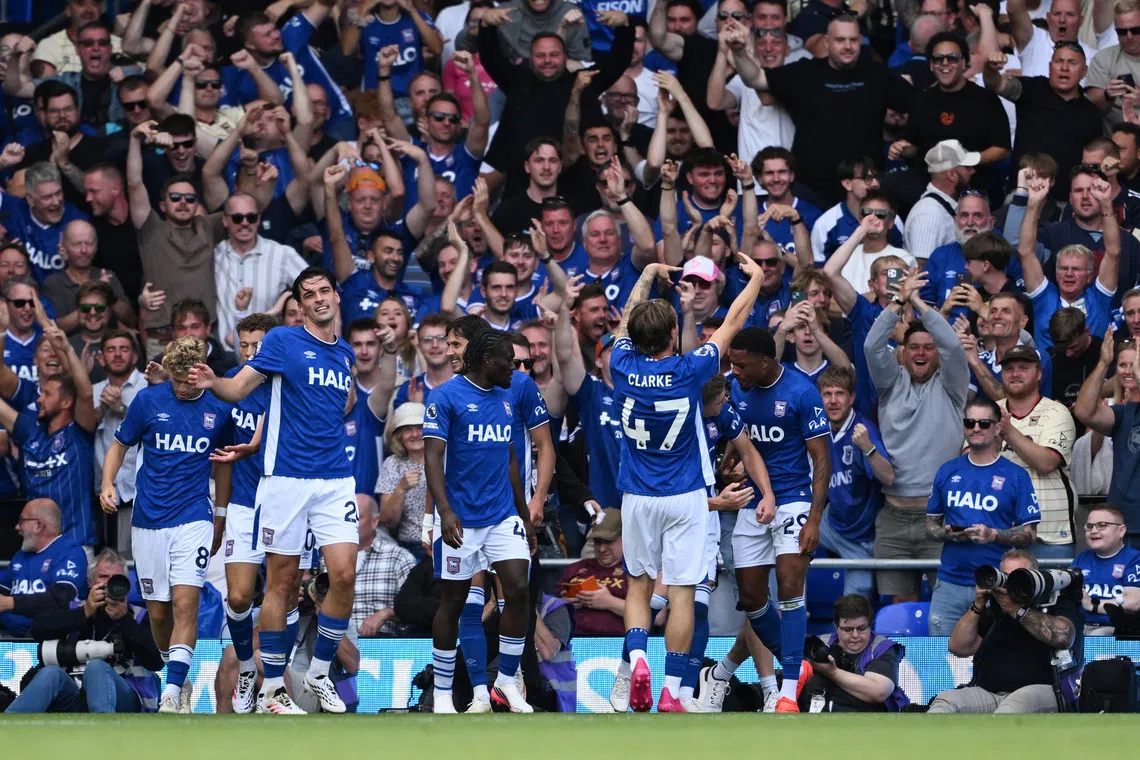 Ipswich Town’s Jack Clarke celebrates scoring their second goal with teammates.