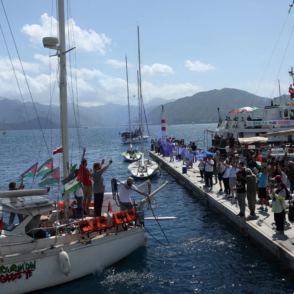 A boat taking part in the Global Sumud Flotilla, which aims to reach Gaza and break Israel’s naval blockade, departs from a port in the southern Turkish resort of Marmaris, Turkey, May 14, 2026.