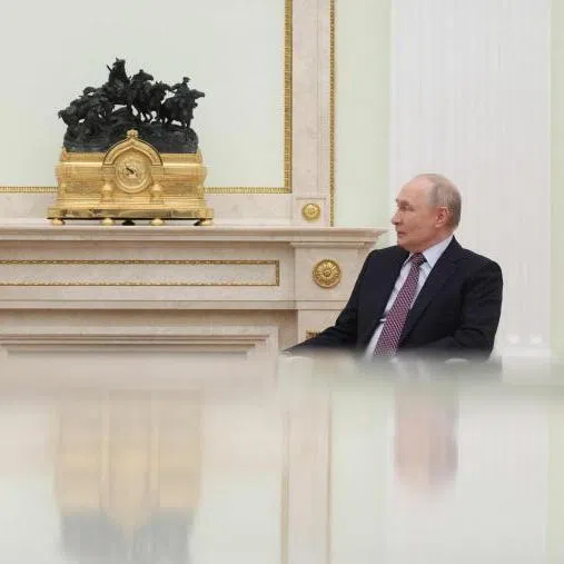 Russian President Vladimir Putin and Kazakh President Kassym-Jomart Tokayev meeting at the Kremlin in Moscow on May 8, 2026.