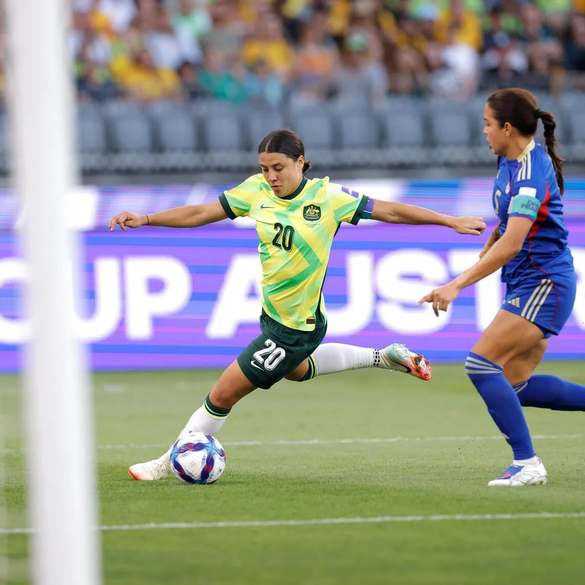 Sam Kerr of Australia (left) opened the scoring in the 14th minute with her 70th goal for the national side.