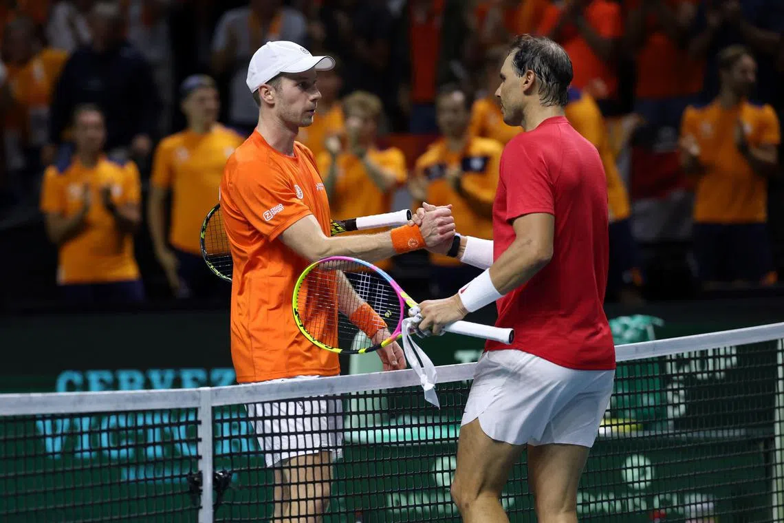 Spain's Rafael Nadal (right) congratulating Botic van de Zandschulp, of the Netherlands, at the end of their Davis Cup quarter-final singles match.