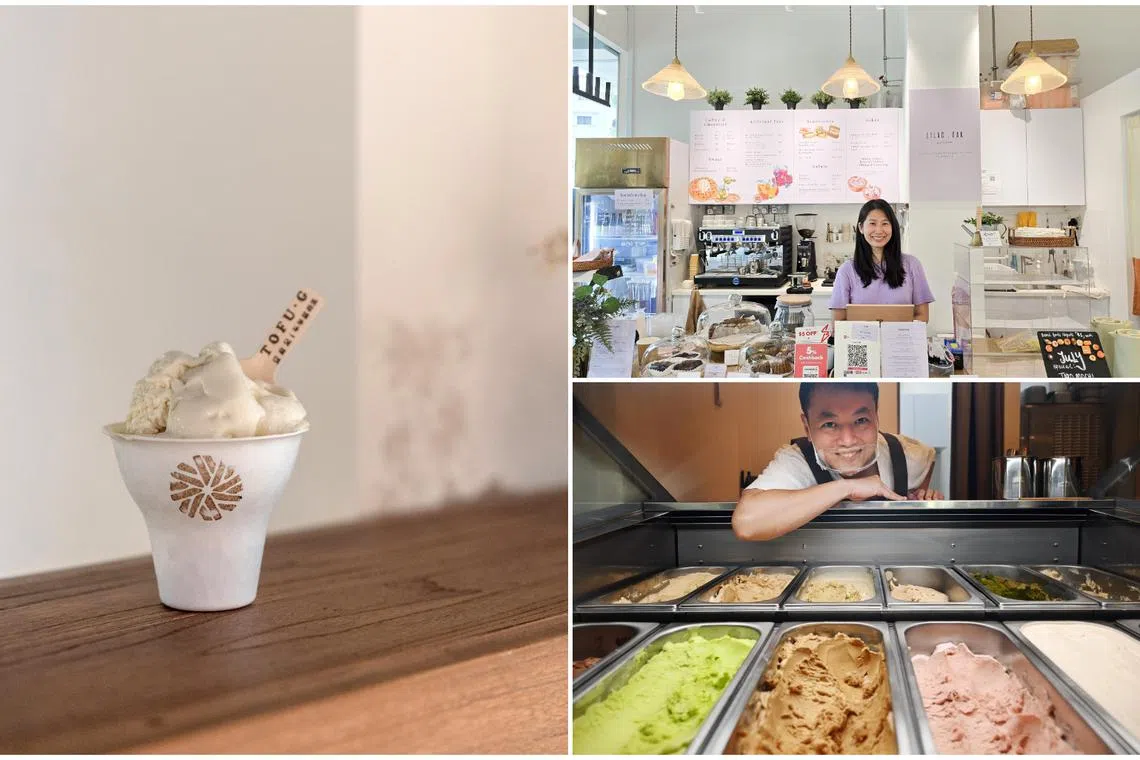 (Clockwise from left) Tofu G's gelato, Ms Chloe Lee, owner of vegan cafe Lilac Oak, and Ketojiak owner Galvin Sng.