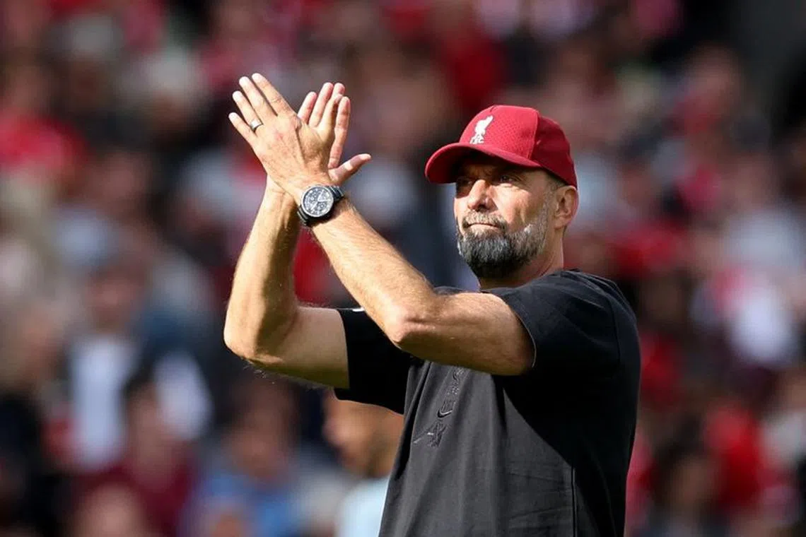 FILE PHOTO: Soccer Football - Premier League - Liverpool v AFC Bournemouth - Anfield, Liverpool, Britain - August 19, 2023 Liverpool manager Juergen Klopp applauds fans after the match REUTERS/David Klein