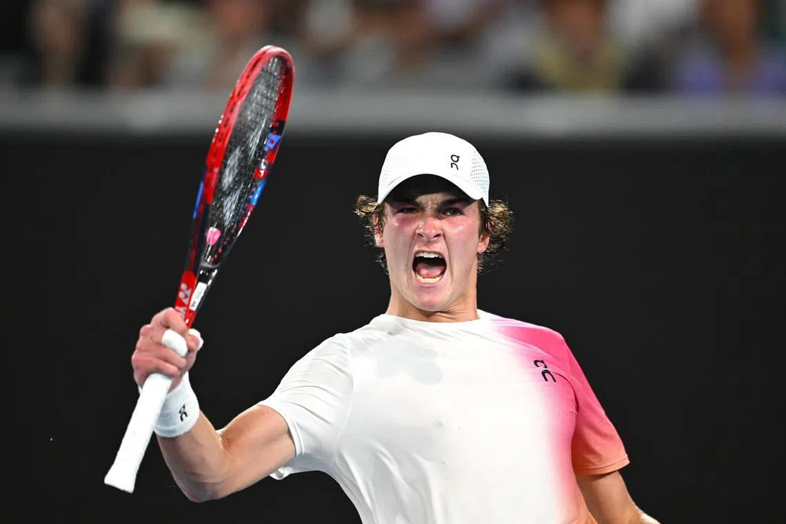 Joao Fonseca of Brazil celebrating his stunning win against ninth seed Andrey Rublev.