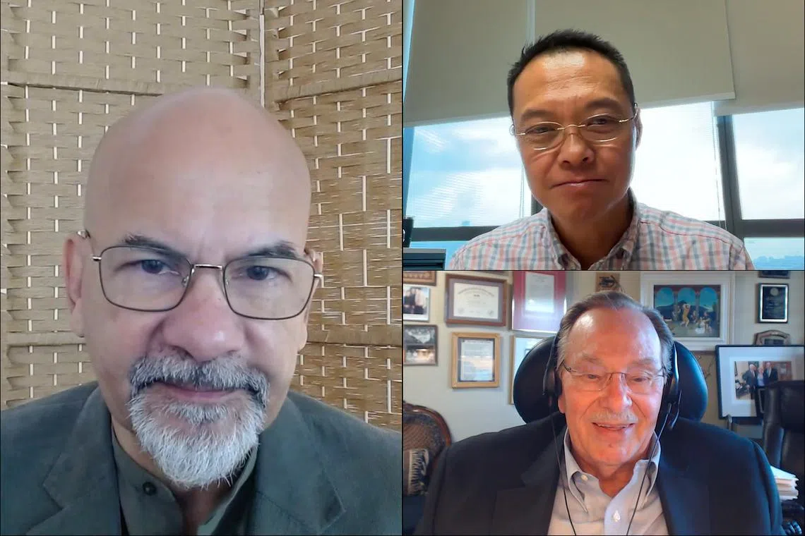 In this episode of Asian Insider, ST's global contributor Nirmal Ghosh (left) hosts experts on the dengue threat - Dr Ooi Eng Eong (top right) and Dr Duane Gubler (bottom right).