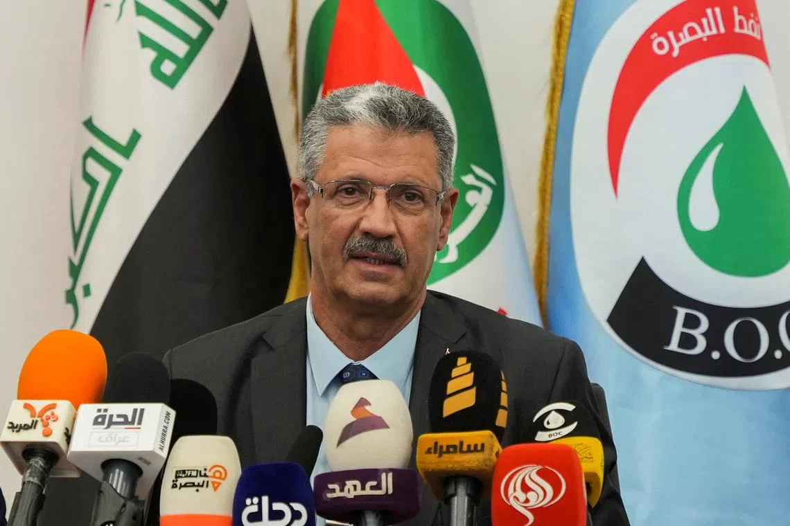 Iraq's oil minister Hayan Abdel-Ghani speaks during a press conference at Iraq's Majnoon oil field near Basra, Iraq, May 12, 2023. REUTERS/Essam Al-Sudani/File Photo
