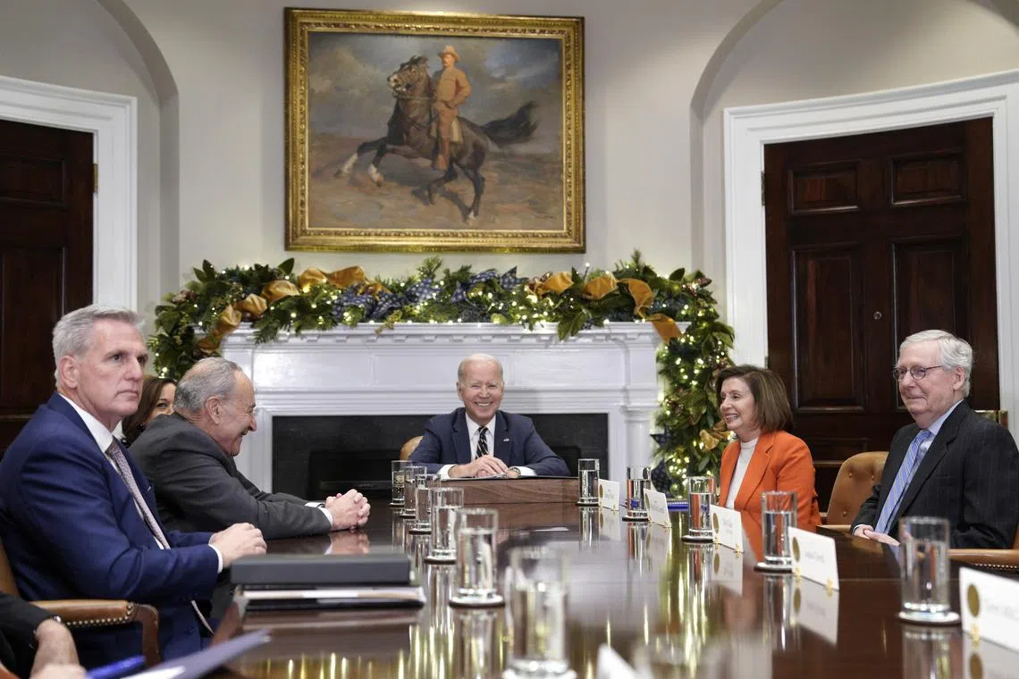 President  Biden (centre) meeting  Congressional leaders (from left) Kevin McCarthy, Chuck Schumer,  Nancy Pelosi and Mitch McConnell at the White House.