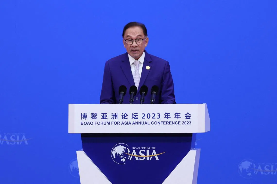 Malaysian Prime Minister Anwar Ibrahim delivers a speech at the opening ceremony of the Boao Forum for Asia Annual Conference 2023, in Boao, Hainan province, China March 30, 2023. China Daily via REUTERS ATTENTION EDITORS - THIS PICTURE WAS PROVIDED BY A THIRD PARTY. CHINA OUT. NO COMMERCIAL OR EDITORIAL SALES IN CHINA.
