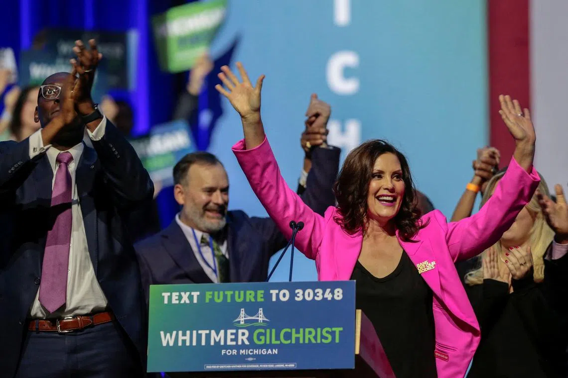 Michigan governor Gretchen Whitmer celebrating at a midterms elections night party in Detroit on Nov 9, 2022.