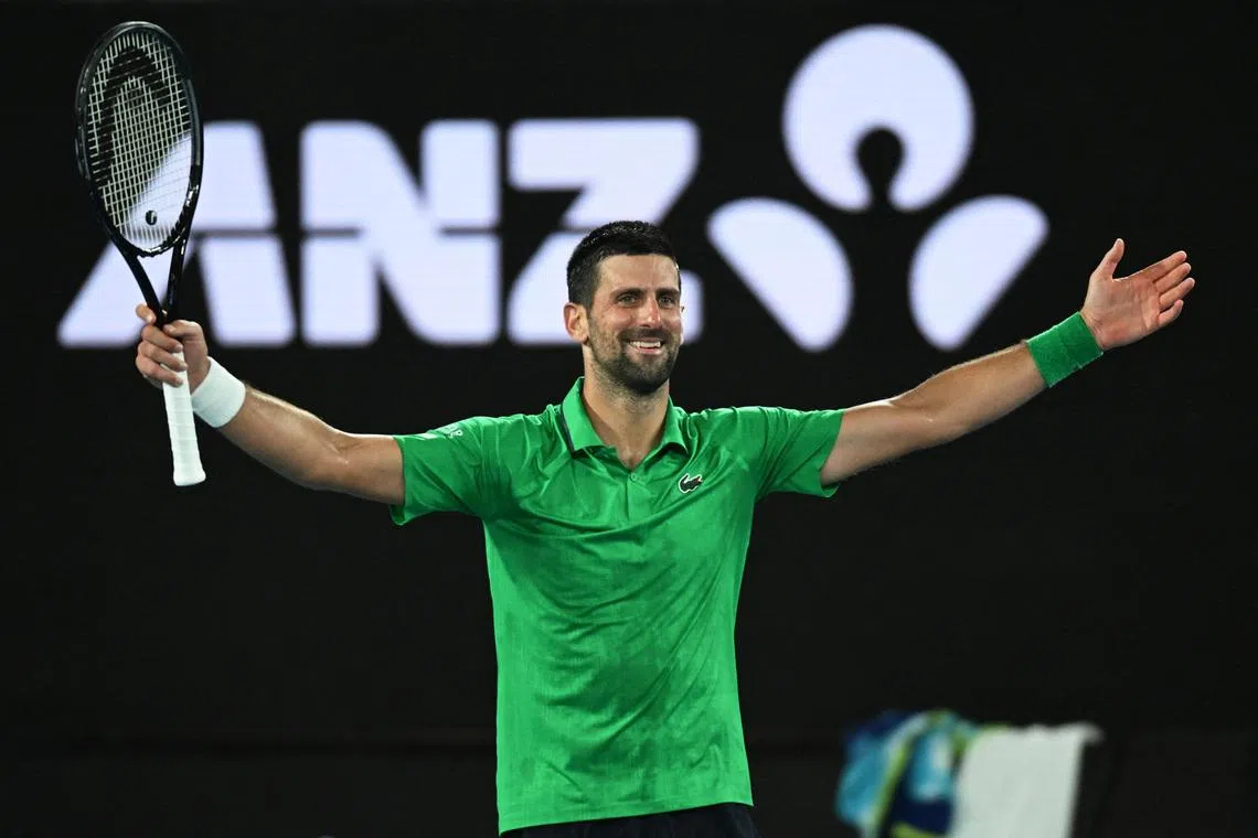Tennis - Australian Open - Melbourne Park, Melbourne, Australia - January 31, 2026 Serbia's Novak Djokovic celebrates winning his semi final match against Italy's Jannik Sinner REUTERS/Jaimi Joy