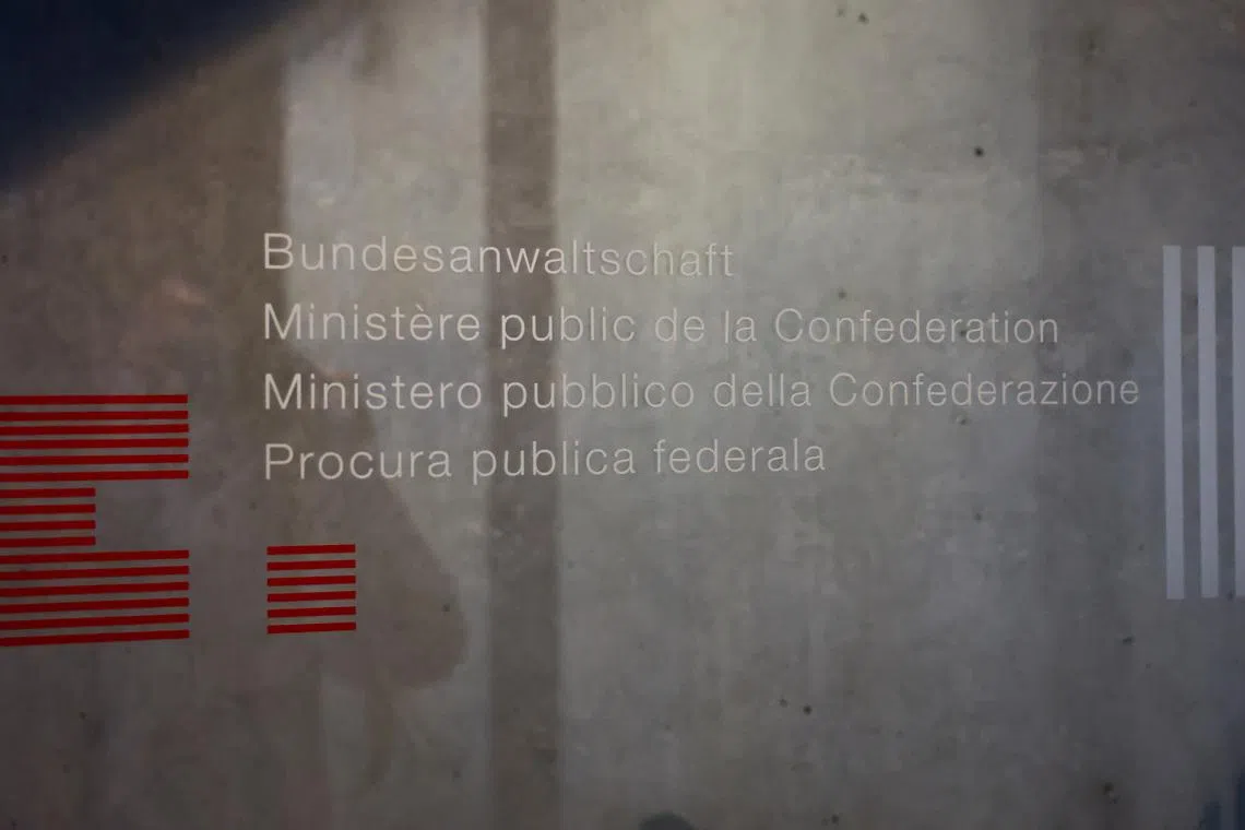 The logo of the Office of the Attorney General of Switzerland (OAG) on a door following an interview of the Attorney General Stefan Blattler with Reuters in Bern, Switzerland, June 10, 2026. REUTERS/Denis Balibouse