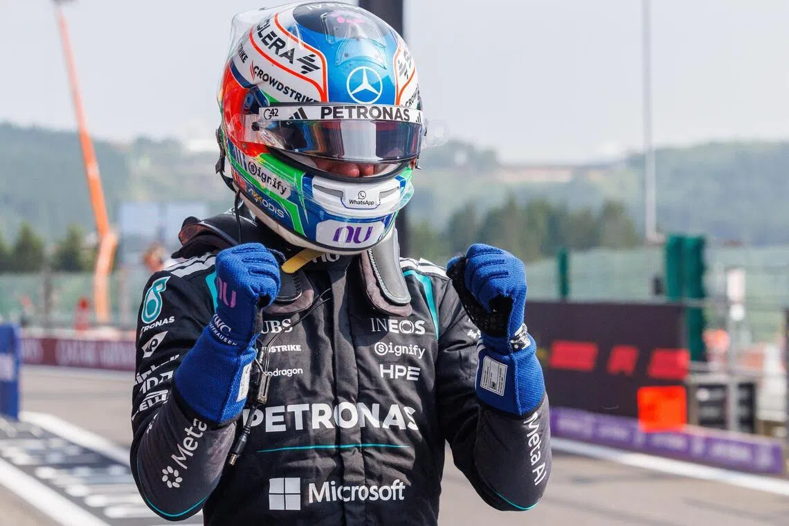 Mercedes’ Kimi Antonelli celebrates after qualifying in pole position for the Belgian Grand Prix on July 18.