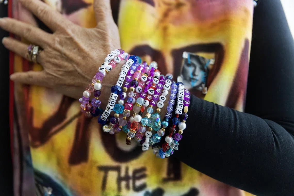 Kelly Jacobs, a Democratic Party delegate from Mississippi, who brought 1,000 friendship bracelets to the party’s convention in Chicago, on Tuesday, Aug. 20, 2024. Friendship bracelets, after being adopted by the pop star’s fans, have now been embraced by convention attendees as a way to build community. (Maddie McGarvey/The New York Times)