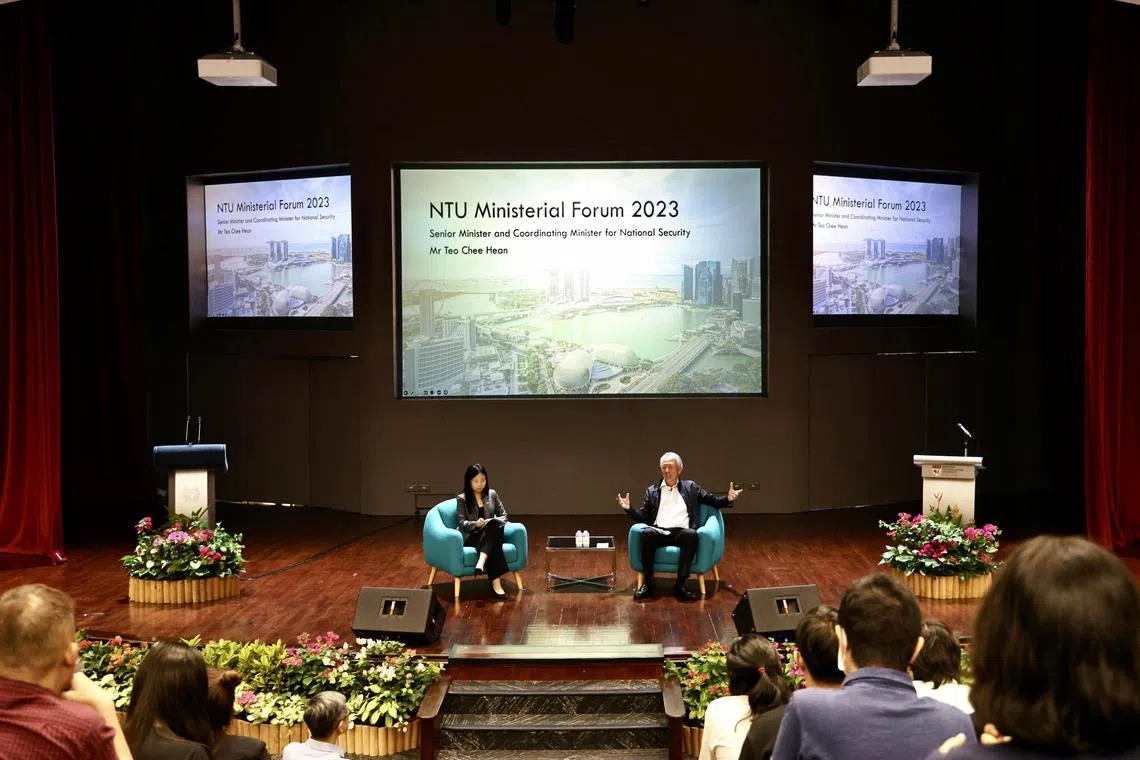 CMG20230831-TanLH02/特约摄影陈来福/蔡玮谦、许翔宇/ Senior Minister Teo Chee Hean to speak at NTU Students’ Union Ministerial Forum[ Lee Kong Chian Lecture Theatre Level B2, NTU South Spine ]