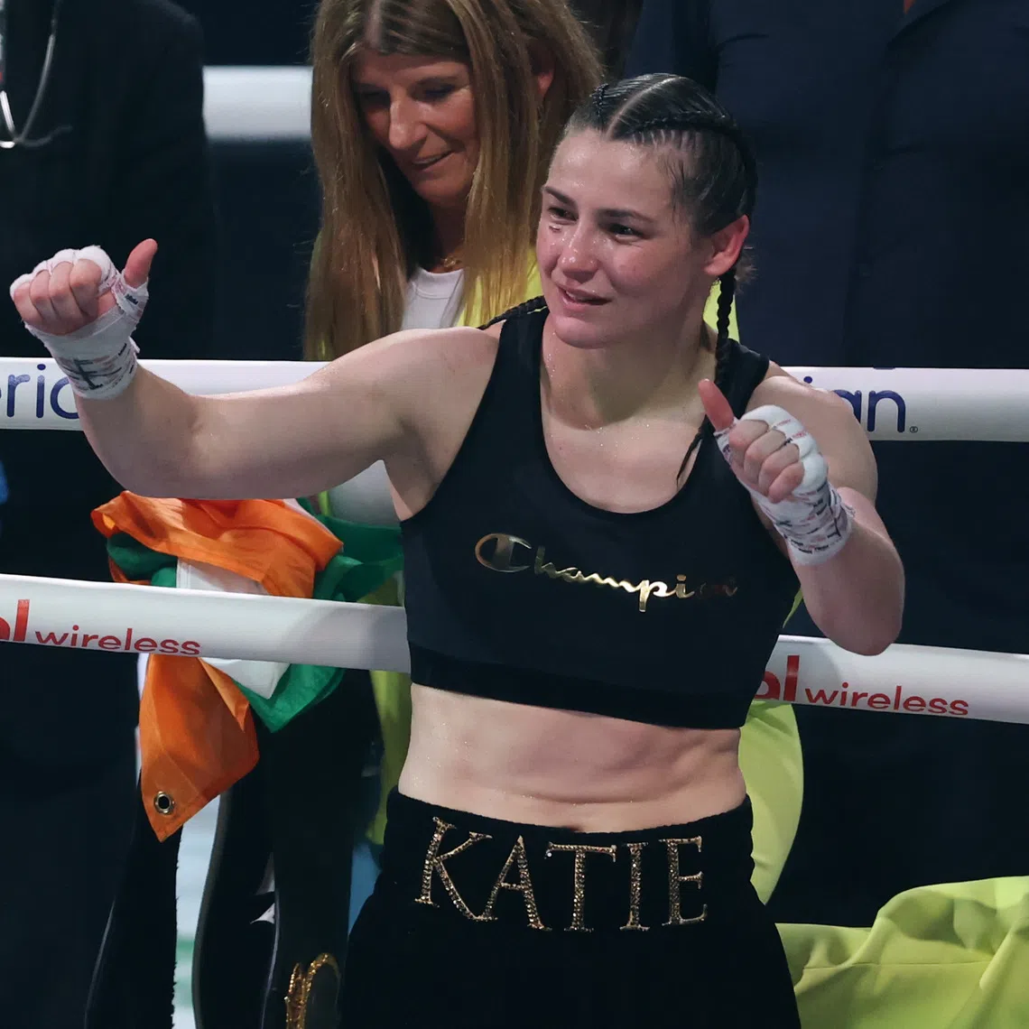 Jul 11, 2025; New York, New York, UNITED STATES; Katie Taylor gestures to fans after defeating Amanda Serrano in the undisputed super lightweight championship boxing bout at Madison Square Garden. Mandatory Credit: Vincent Carchietta-Imagn Images