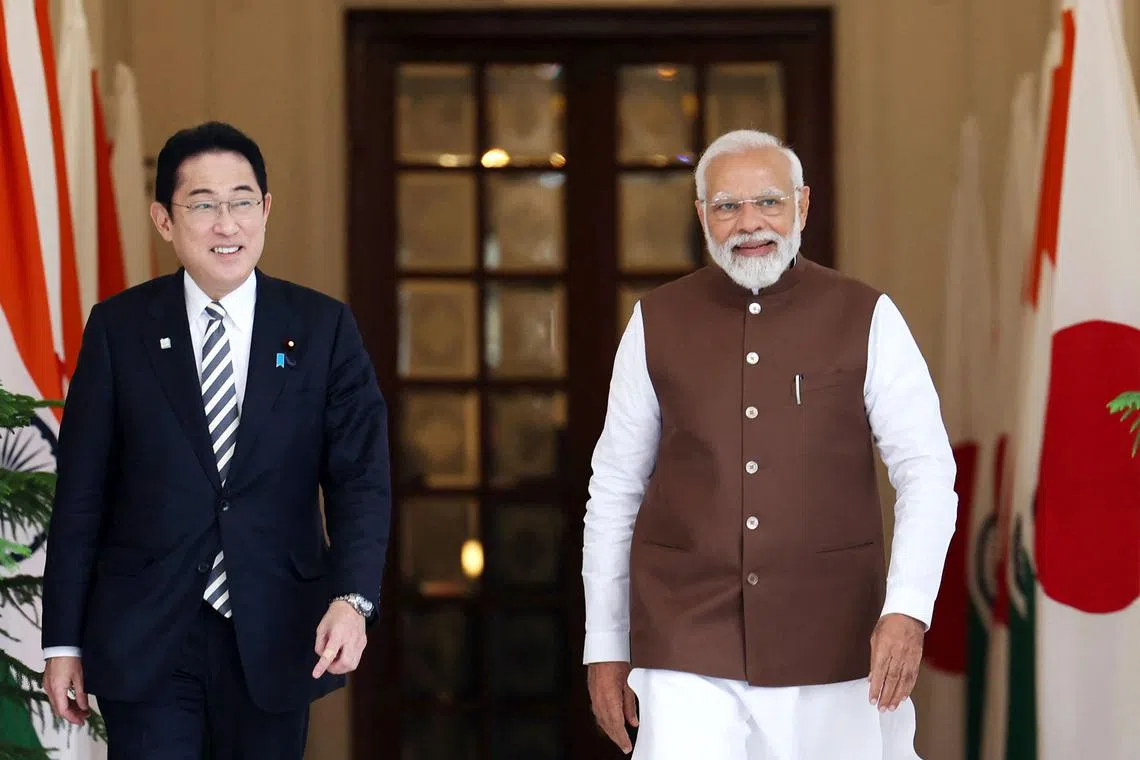 Japanese PM Fumio Kishida and Indian PM Narendra Modi before their meeting at the Hyderabad House in New Delhi, on March 20, 2023.