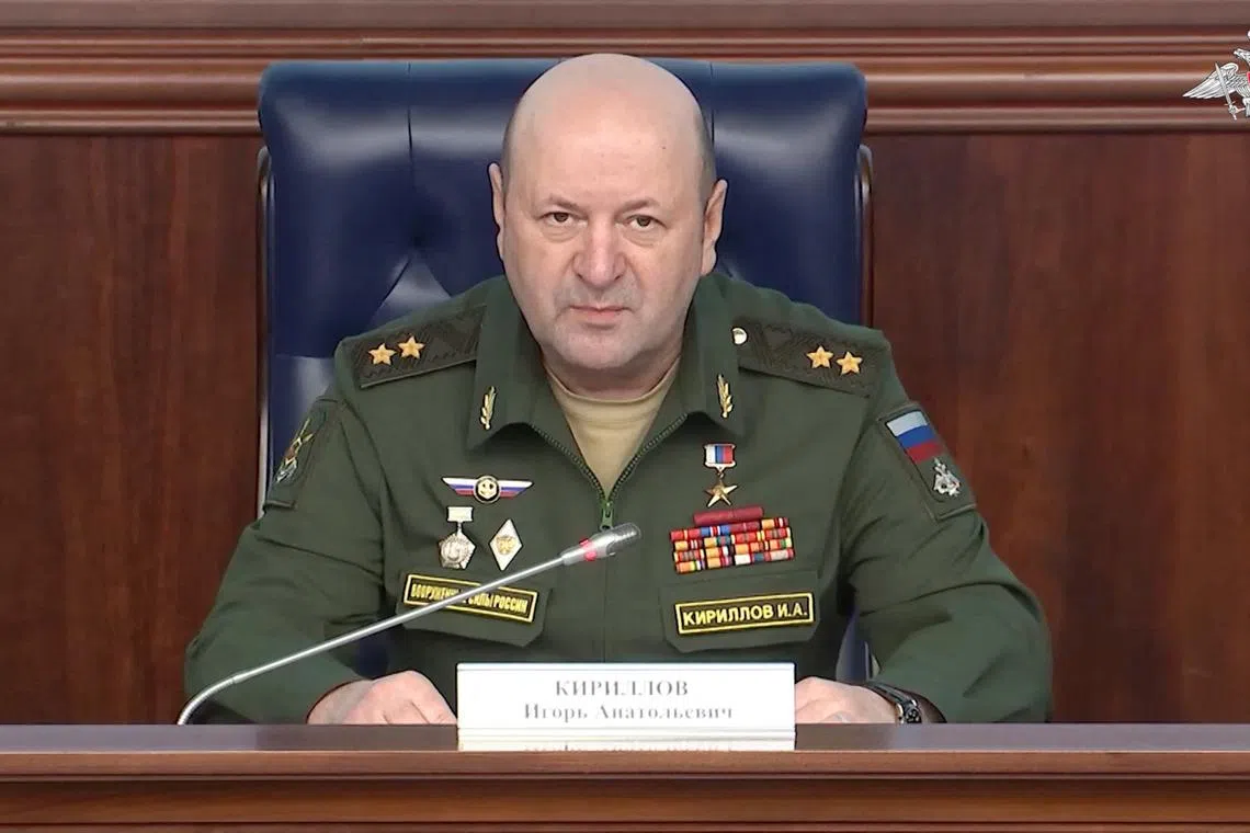 FILE PHOTO: Lieutenant General Igor Kirillov, chief of Russia's Nuclear, Biological and Chemical Protection Troops, attends a press conference in Moscow, Russia, in this still image from video released November 5, 2024. Russian Defence Ministry/Handout via REUTERS/File Photo