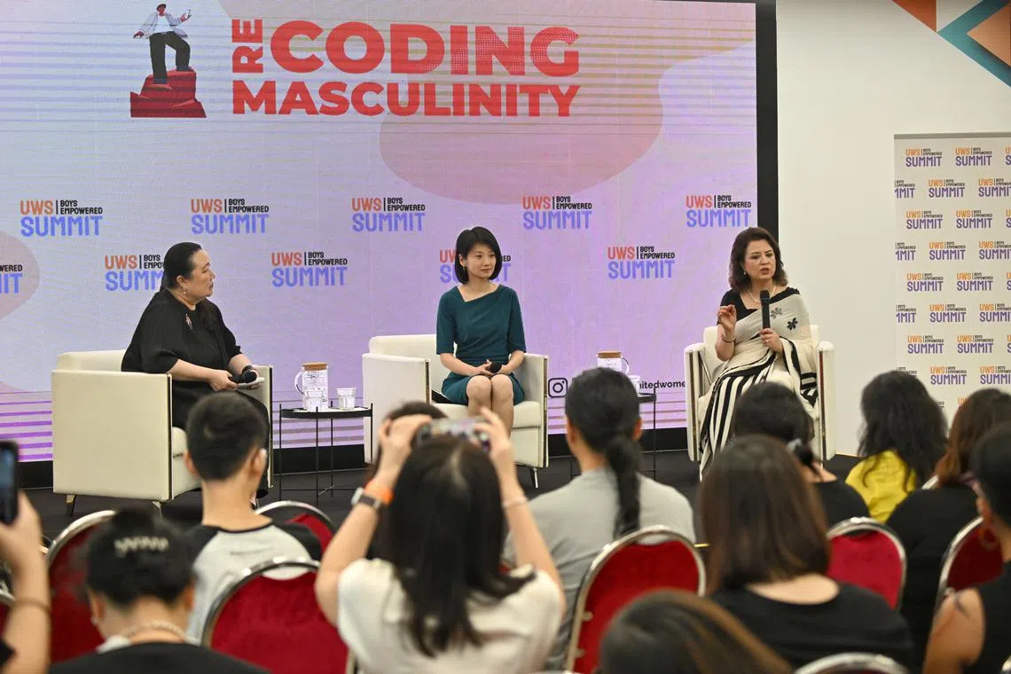 (From left) Ms Georgette Tan from United Women Singapore, Minister of State for Social and Family Development Sun Xueling, member and former vice chair of United Nations Committee on the Elimination of Discrimination against Women Bandana Rana, at the second annual UWS Boys Empowered Community Summit on July 14.