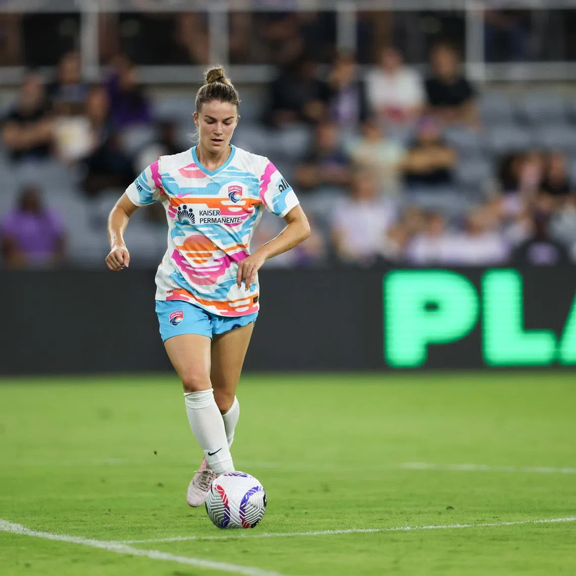Nov 3, 2024; Louisville, Kentucky, USA;  San Diego Wave FC defender Christen Westphal (20) dribbles the ball during the first half against Racing Louisville FC at Lynn Family Stadium. EM Dash-Imagn Images/File Photo