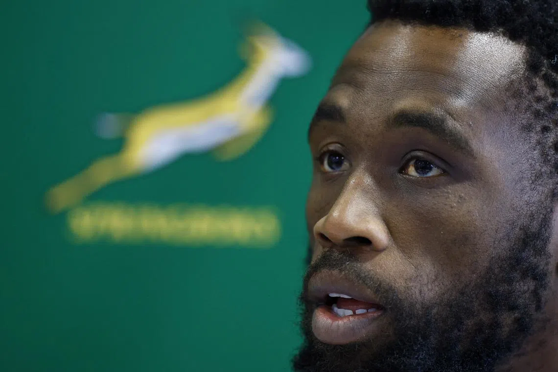 FILE PHOTO: Rugby Union - Autumn Internationals - South Africa Press Conference - Lensbury, London, Britain - November 15, 2024  South Africa's Siya Kolisi during the press conference Action Images via Reuters/John Sibley/File Photo