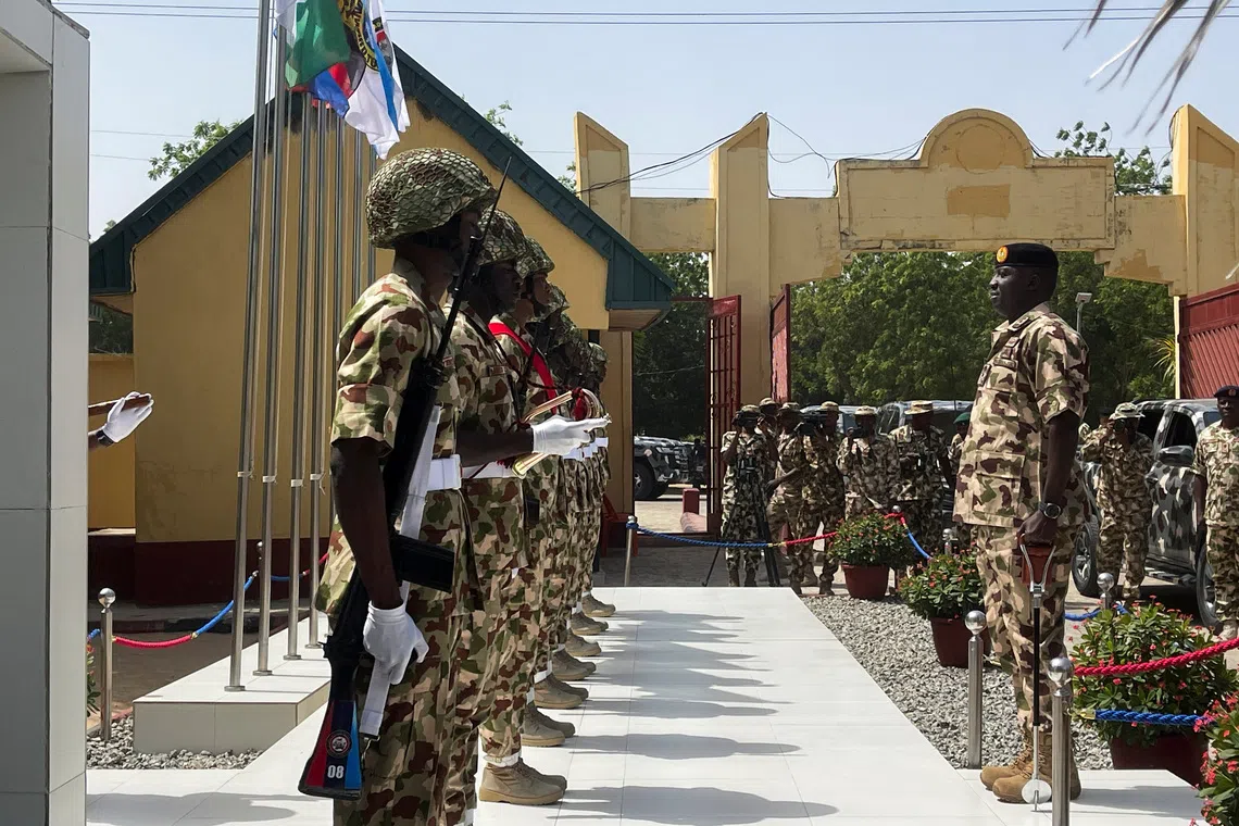 Nigeria's Chief of Army Staff, Lieutenat-General Waidi Shaibu inspects troops, during the tour of Theatre Command Operation Lafiya Dole, in Maiduguri, Borno, Nigeria, November 6, 2025. REUTERS/Ahmed Kingimi