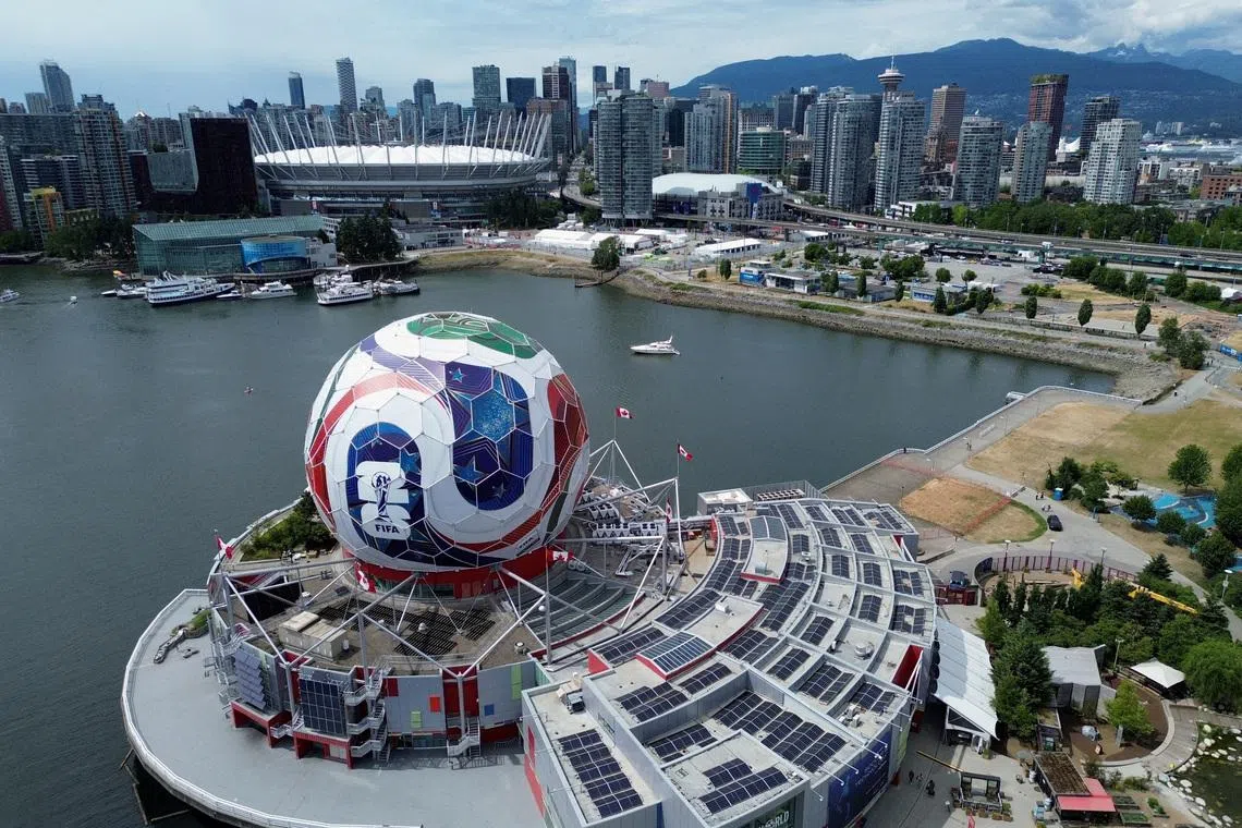 FILE PHOTO: A drone image of Science World, which has been transformed into a 360-degree, 40-metre-diameter re-creation of a match ball ahead of the FIFA World Cup soccer tournament, in Vancouver, British Columbia, Canada, June 3, 2026. REUTERS/Jennifer Gauthier/File Photo