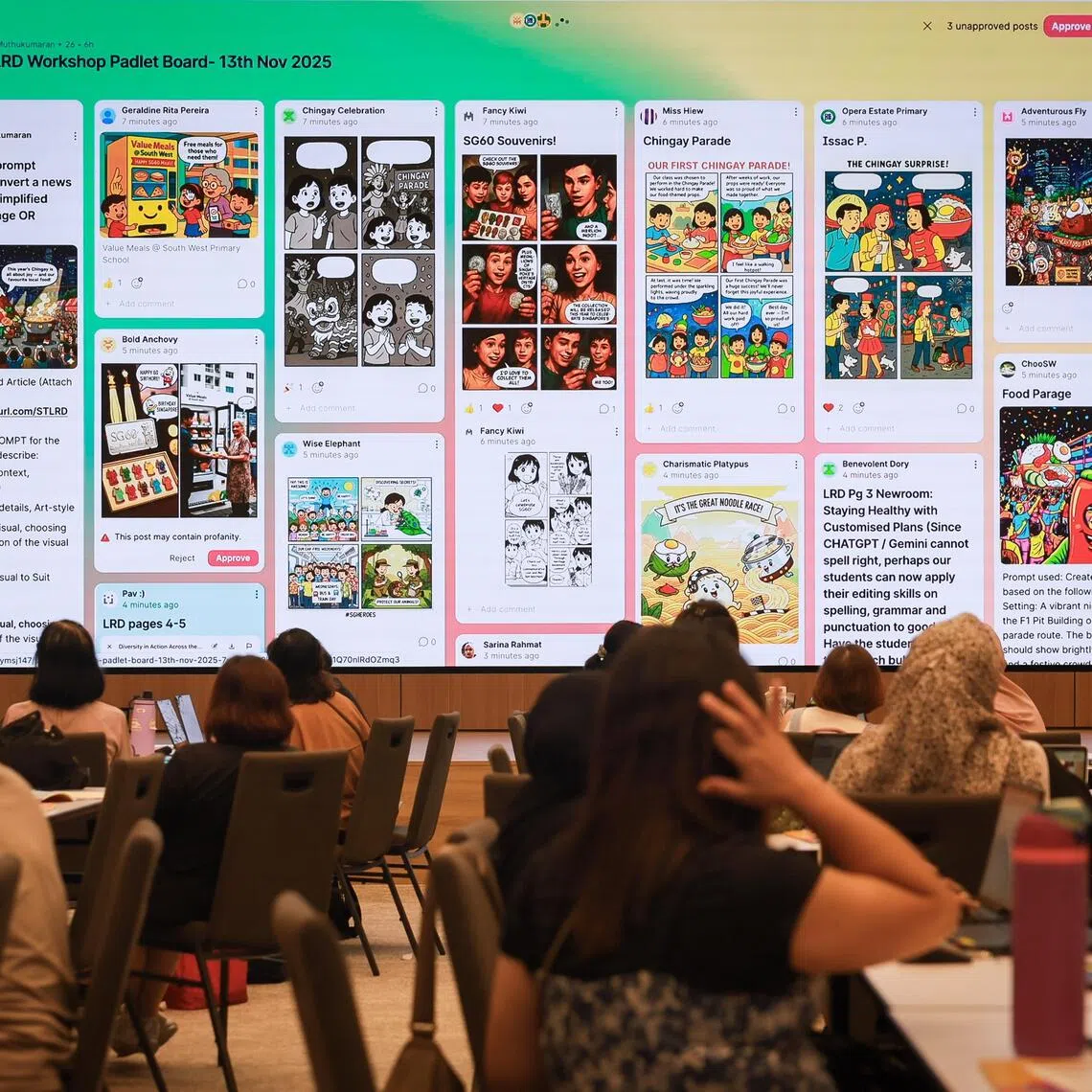 Primary school teachers generating AI content during a workshop held at the SPH Media News Centre Auditorium on Nov 13, 2025.