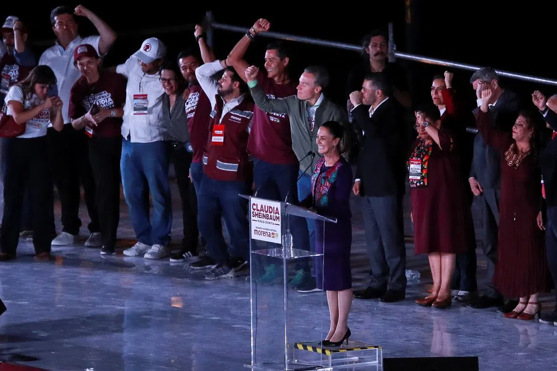 Presidential candidate of the ruling Morena party Claudia Sheinbaum, greets her supporters after winning the general elections, in Mexico City, Mexico June 3, 2024. REUTERS/Henry Romero
